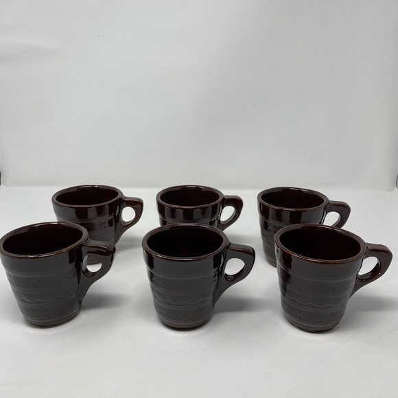 Set of 6 Vintage USA Brown Stoneware Square Handle Embossed Glazed Coffee Mugs - Picture 2 of 8